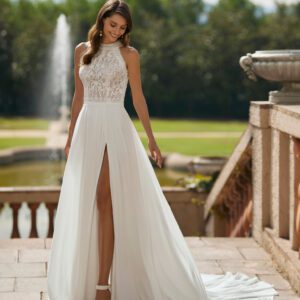 Wedding dress with lace halter top and slit