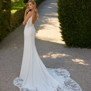 Wedding dress with lace train, lace top, fit & flare wedding dress