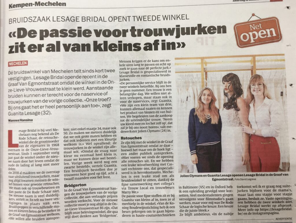 krantenartikel Lesage bridal Mechelen trouwjurken