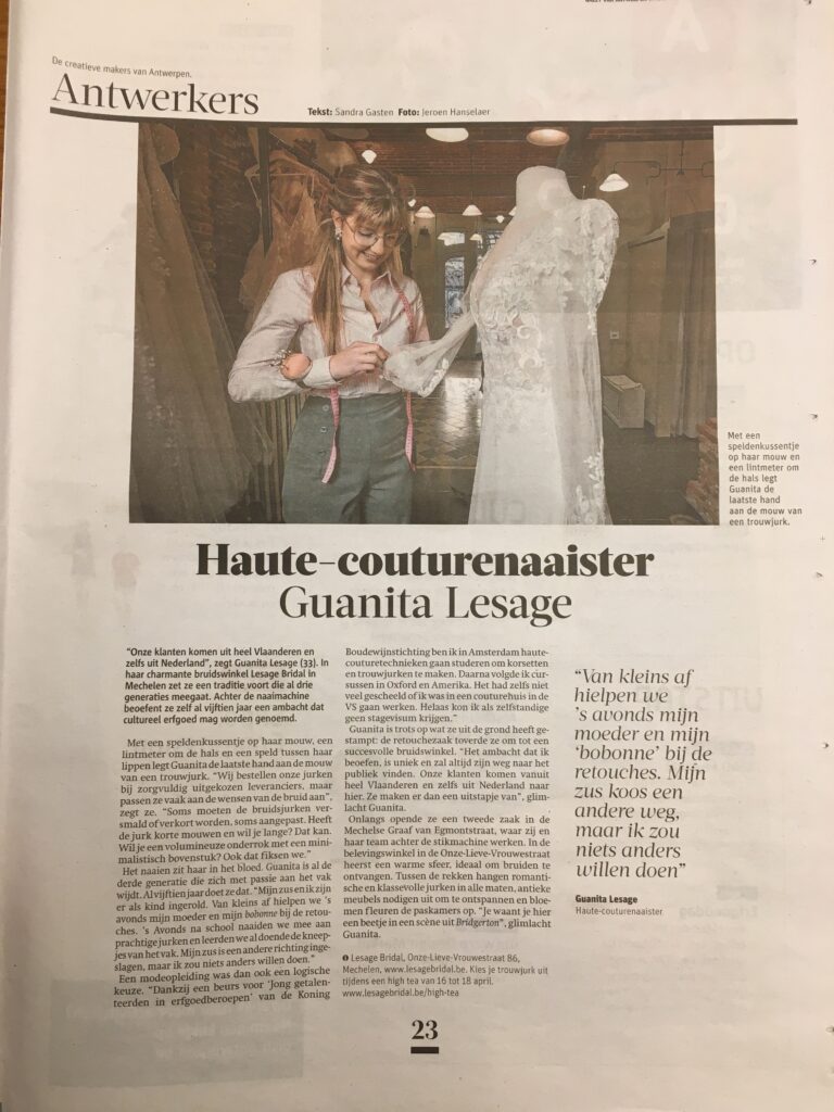 Krantenartikel Lesage Bridal haute couture naaister trouwjurken Mechelen