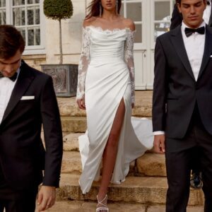 Jessa off shoulder fit & flare trouwjurk in satijn Justin Alexander
