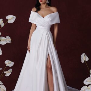 Harper A-lijn trouwjurk in Mikado stof, off shoulder met split van Justin Alexander
